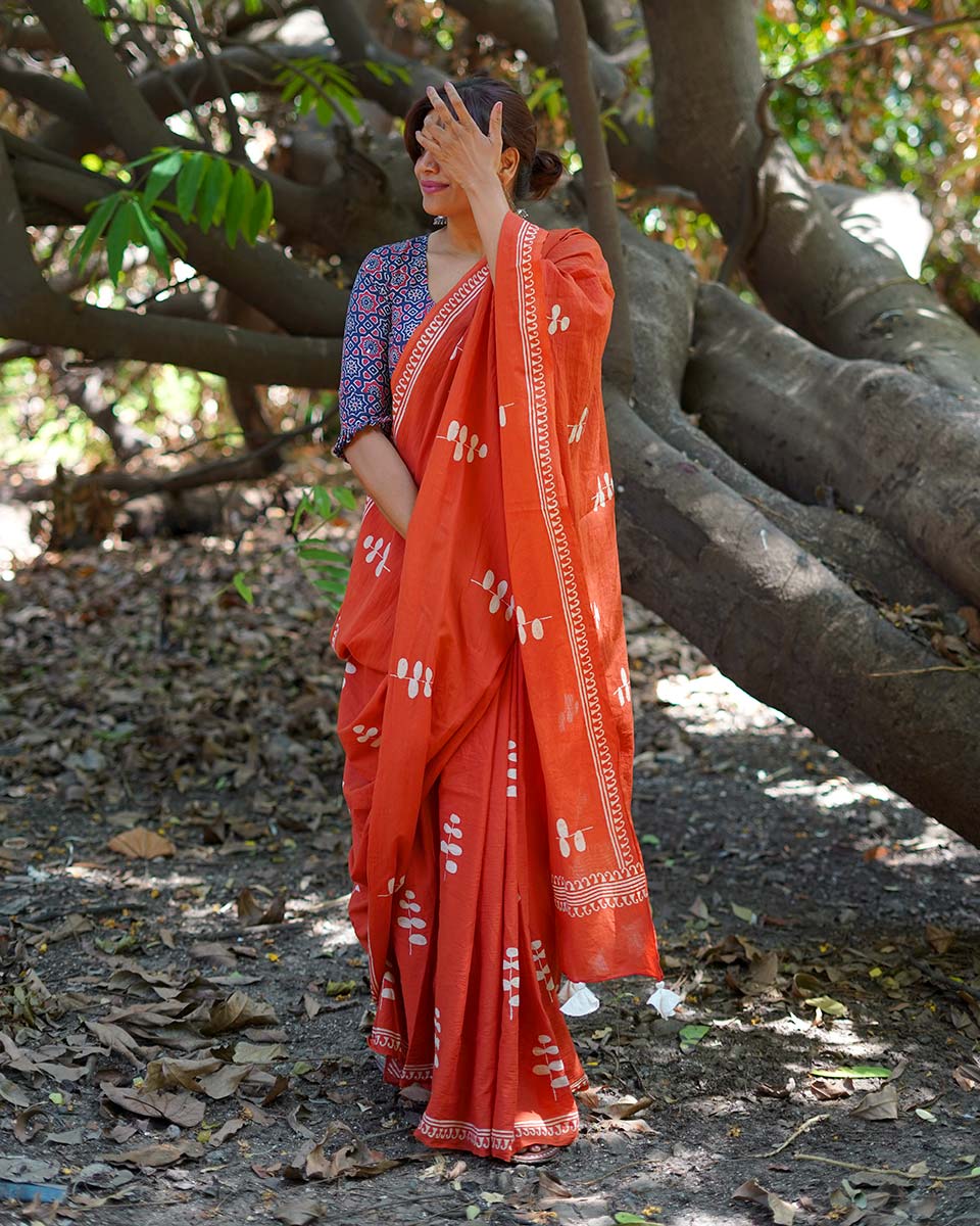 Sunlit Afternoons Orange Hand Block Printed Cotton Saree - UMT