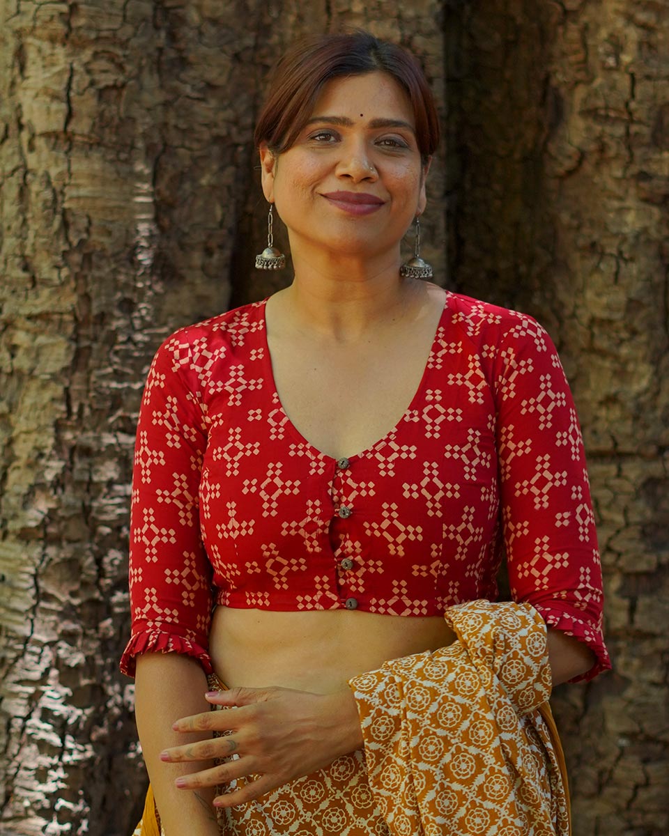 Gulkand Candies Rust Red Hand Block Printed Cotton Blouse - UMT