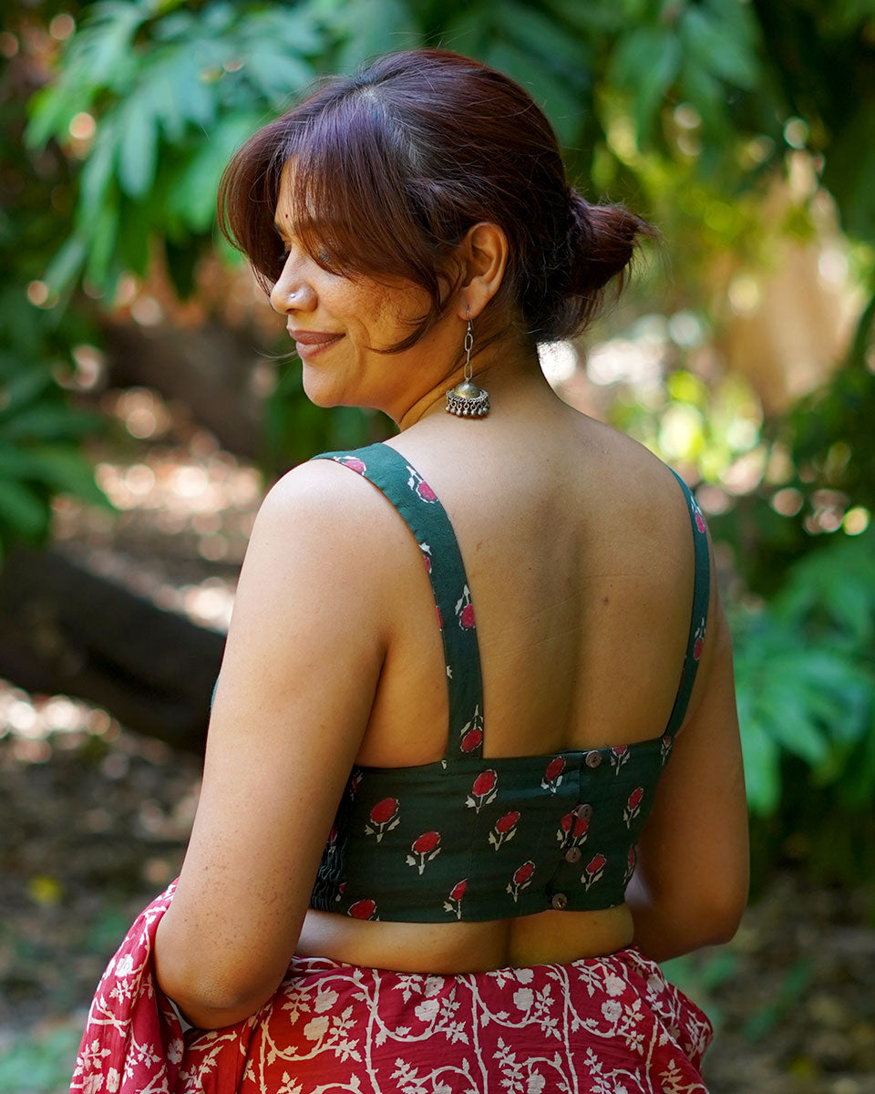 Watching kites fly Green Hand Block Printed Cotton Blouse - UMT