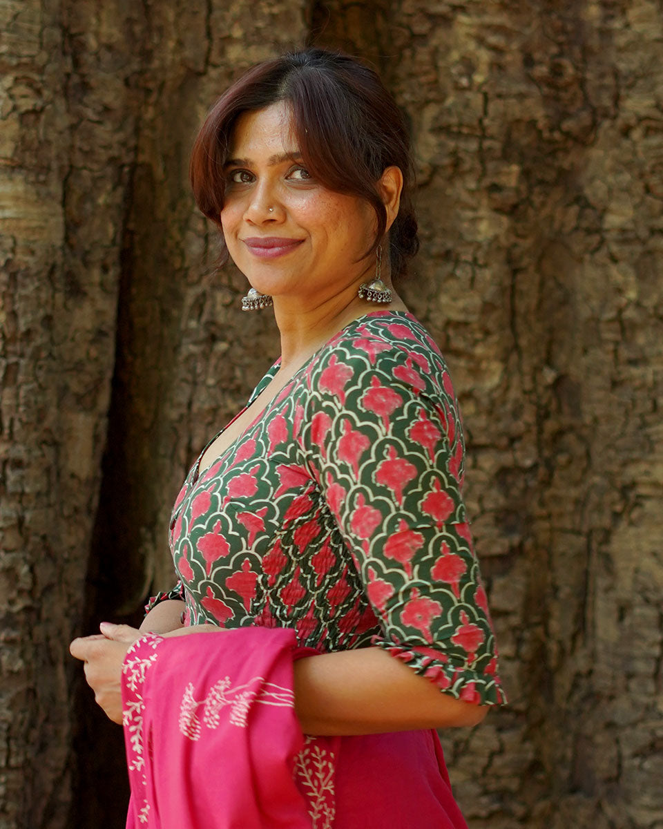 Nowhere To Be Green Hand Block Printed Cotton Blouse - UMT