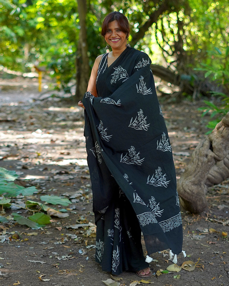 Afternoon Nap Black Hand Block Printed Cotton Saree - UMT