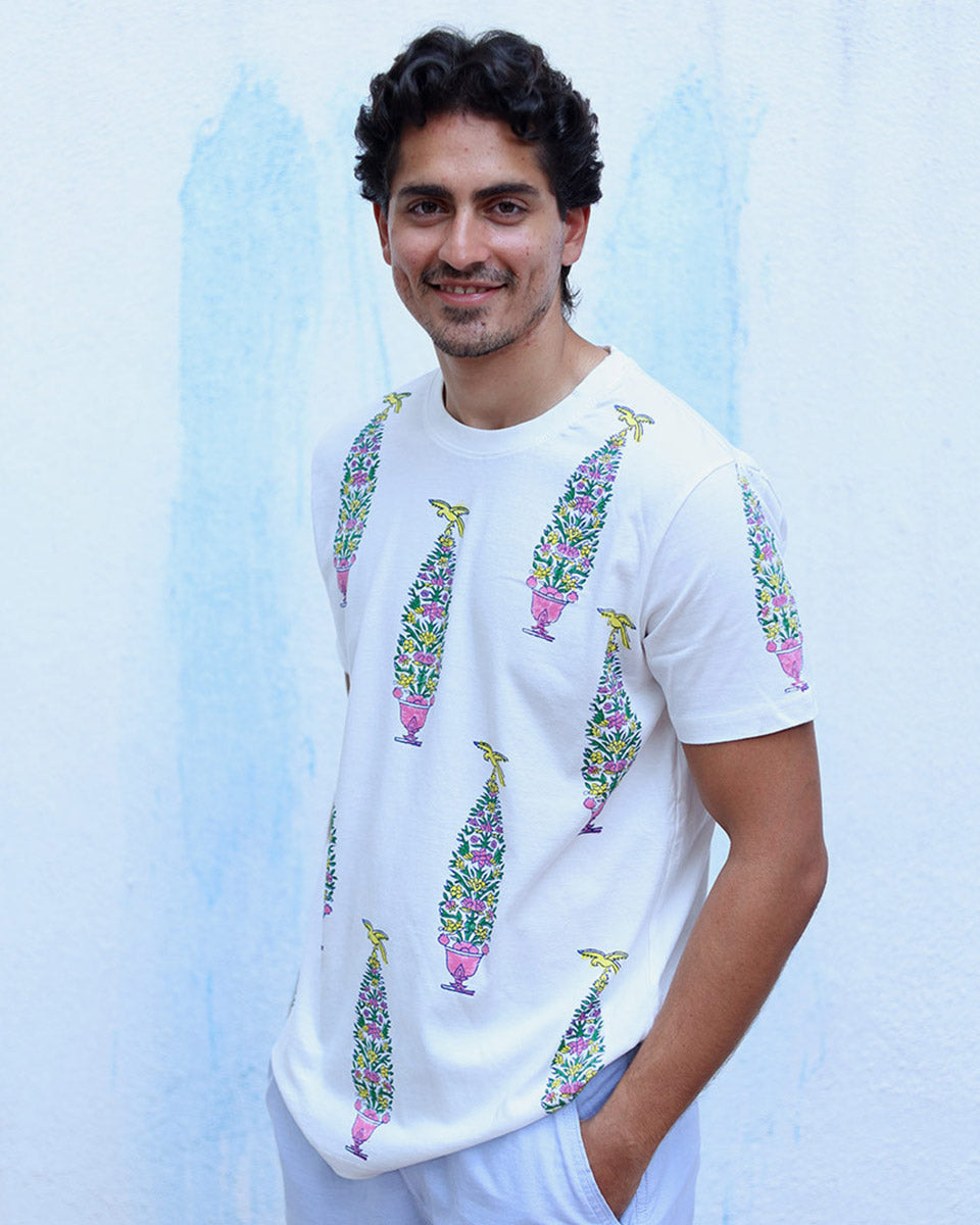 Humraaz White Hand Block Print Cotton T- Shirt - TOF