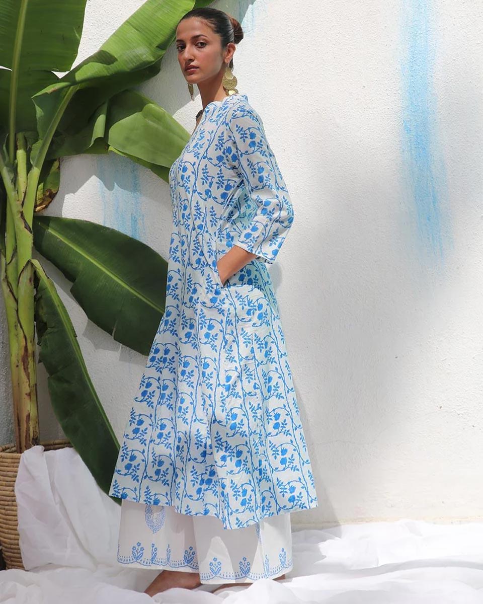 Rohini White With Blue Handblock Print Cotton Kurta - WITC