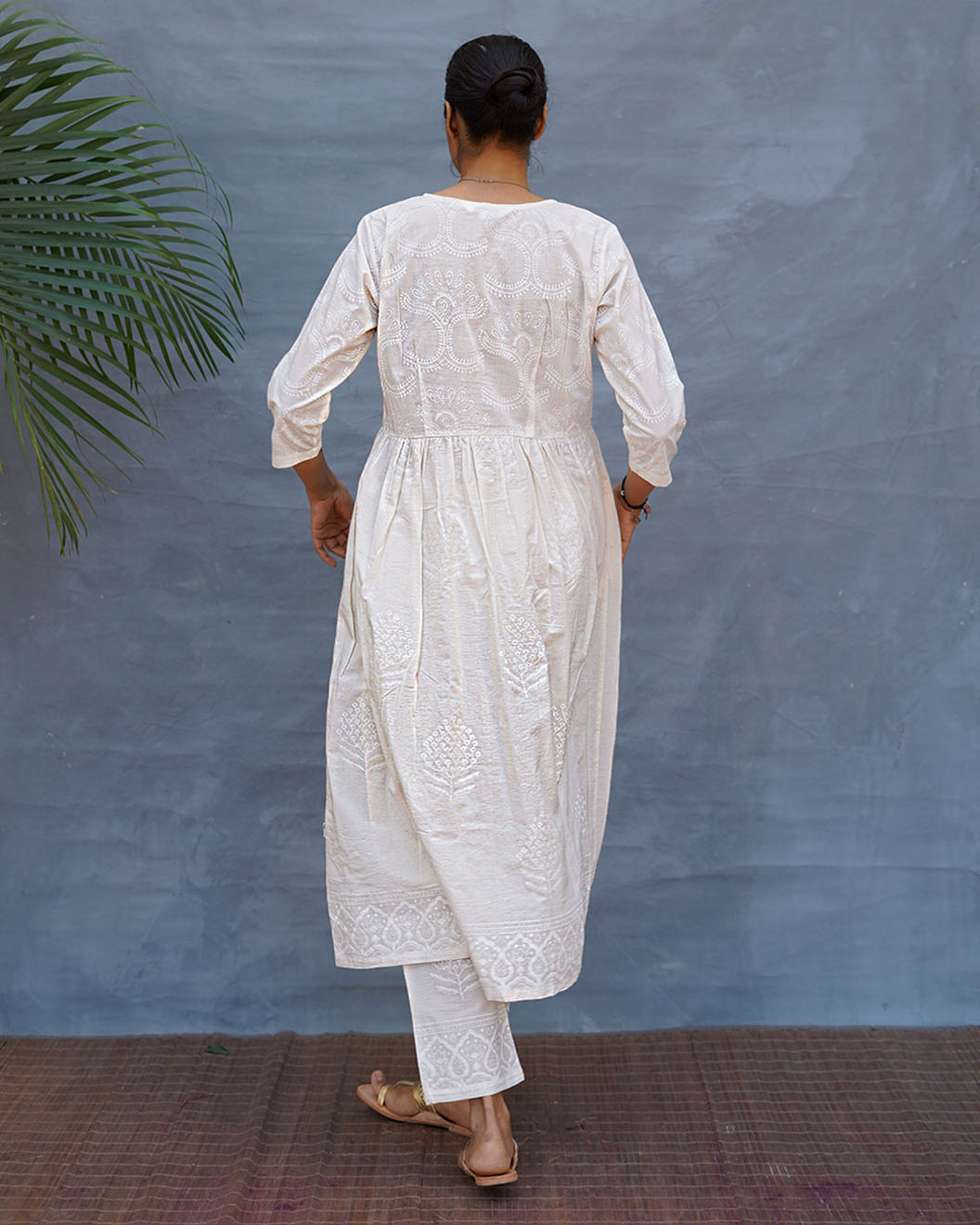 Pressed Cotton Ivory Handblock Printed Kurta Pant Set - SFD