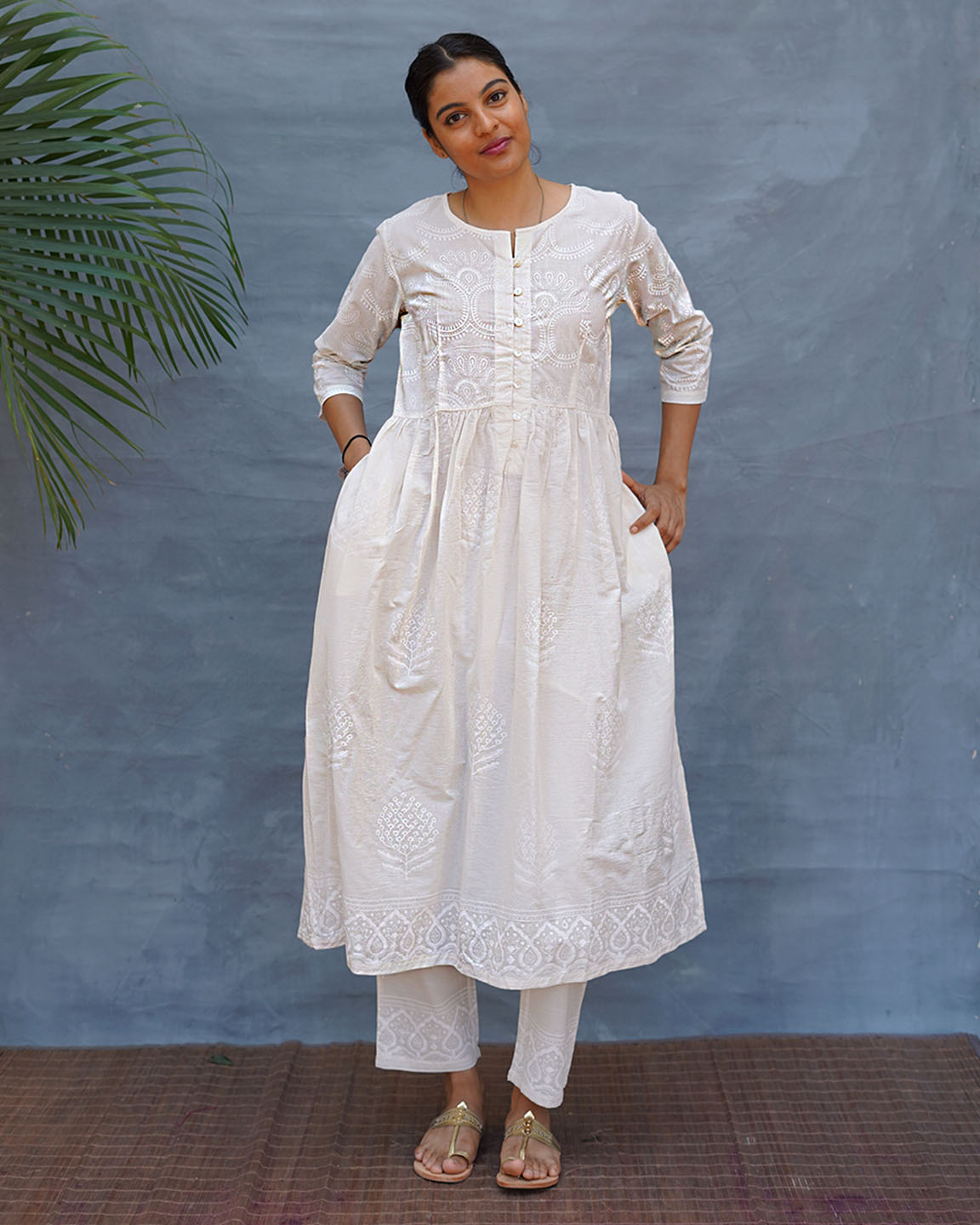 Pressed Cotton Ivory Handblock Printed Kurta Pant Set - SFD