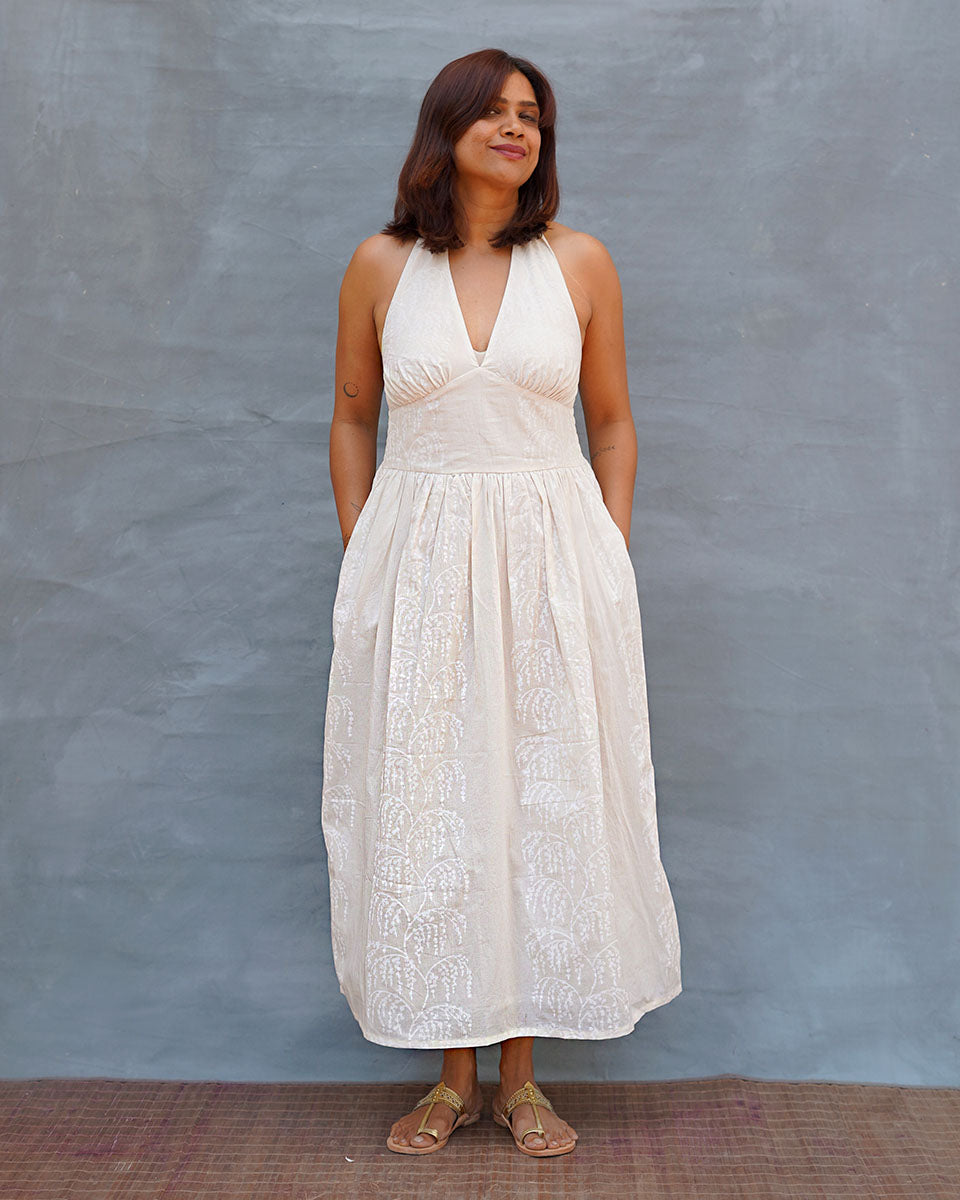 Cloudfall White Handblock Print Cotton Dress - Safed