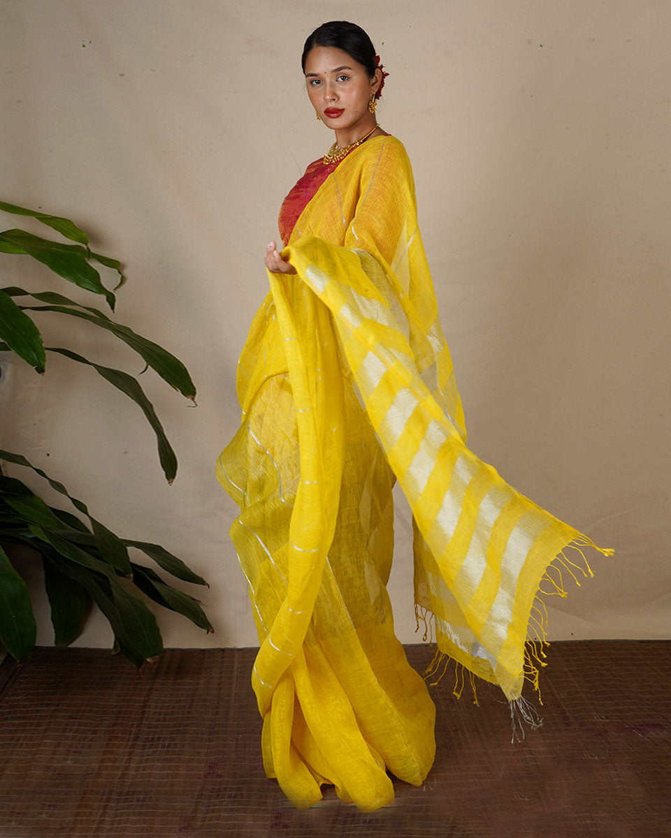 Arunima Yellow Handwoven Linen Zari Saree - Eknoor