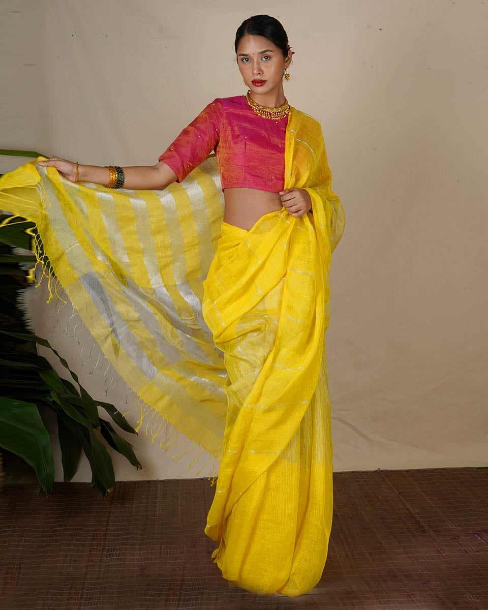 Arunima Yellow Handwoven Linen Zari Saree - Eknoor