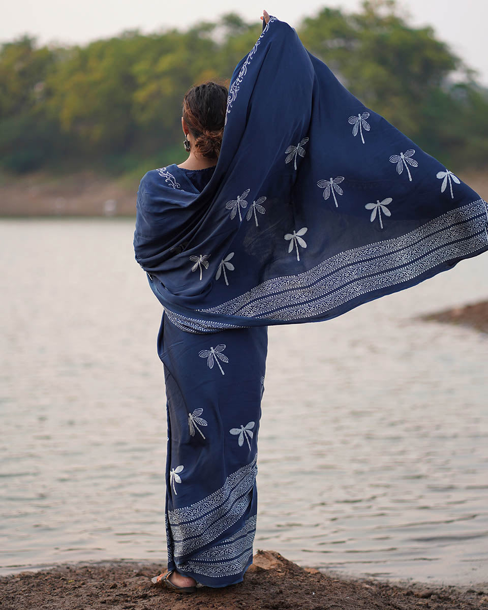 Urmi Blue Block printed Modal Silk Saree - Jaisal