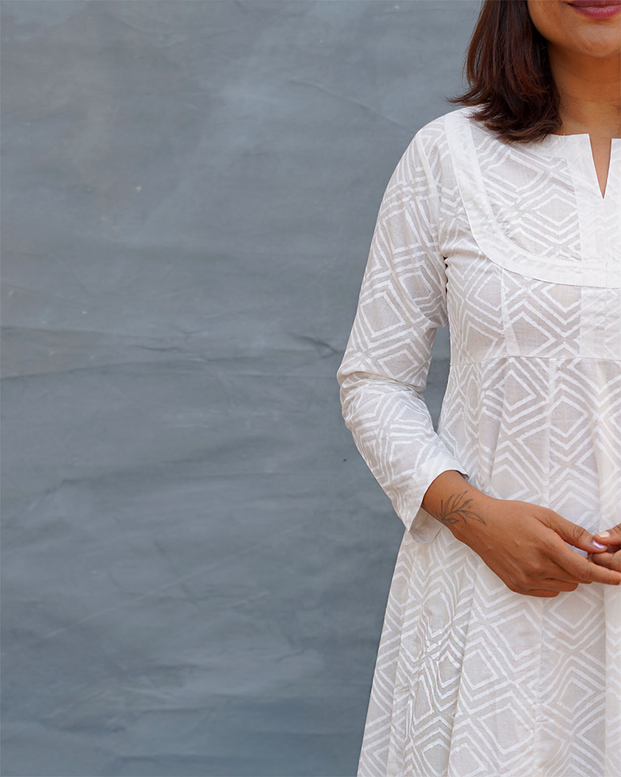 White Wave Handblock Print Cotton Kurta - Safed