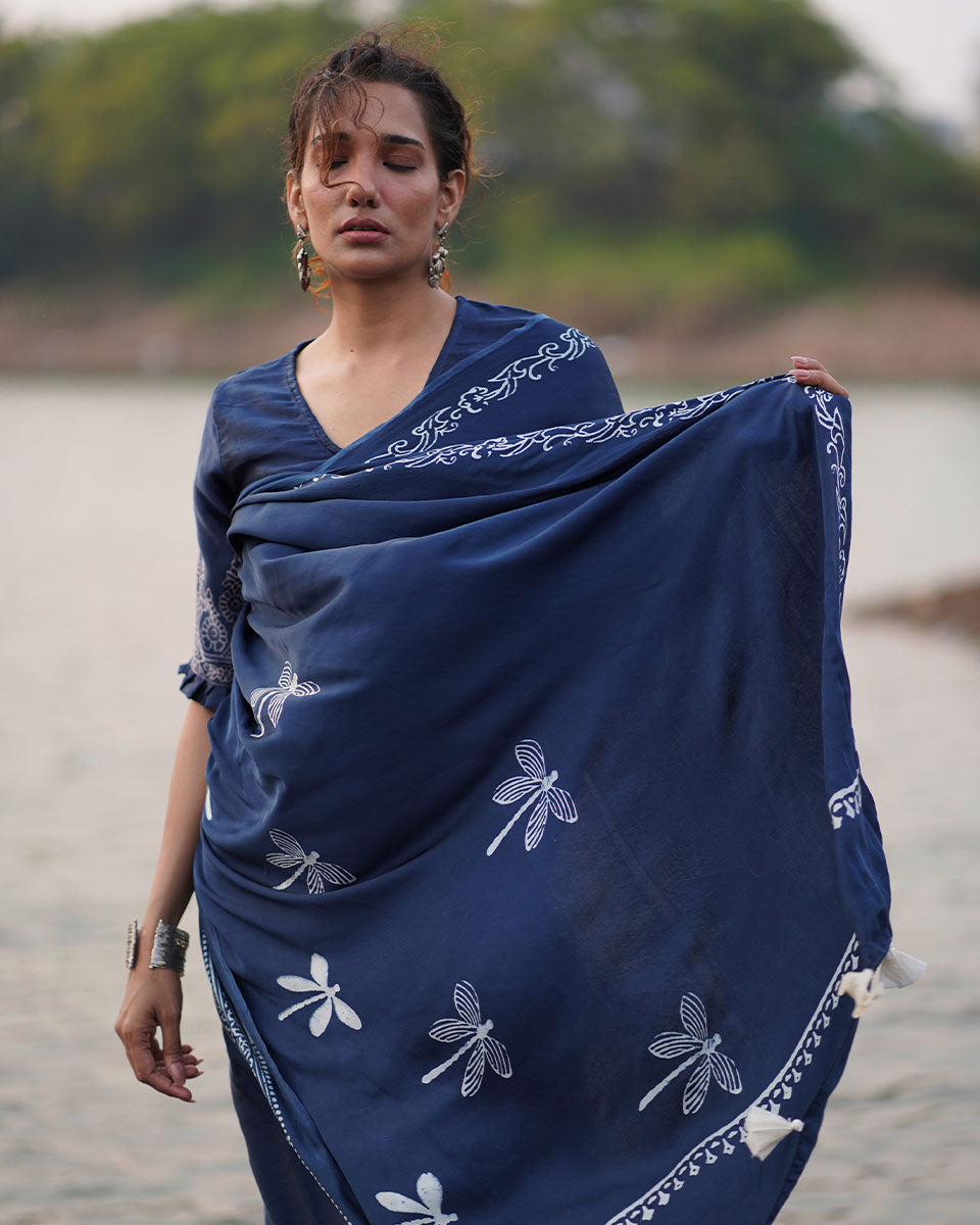 Urmi Blue Block printed Modal Silk Saree - Jaisal