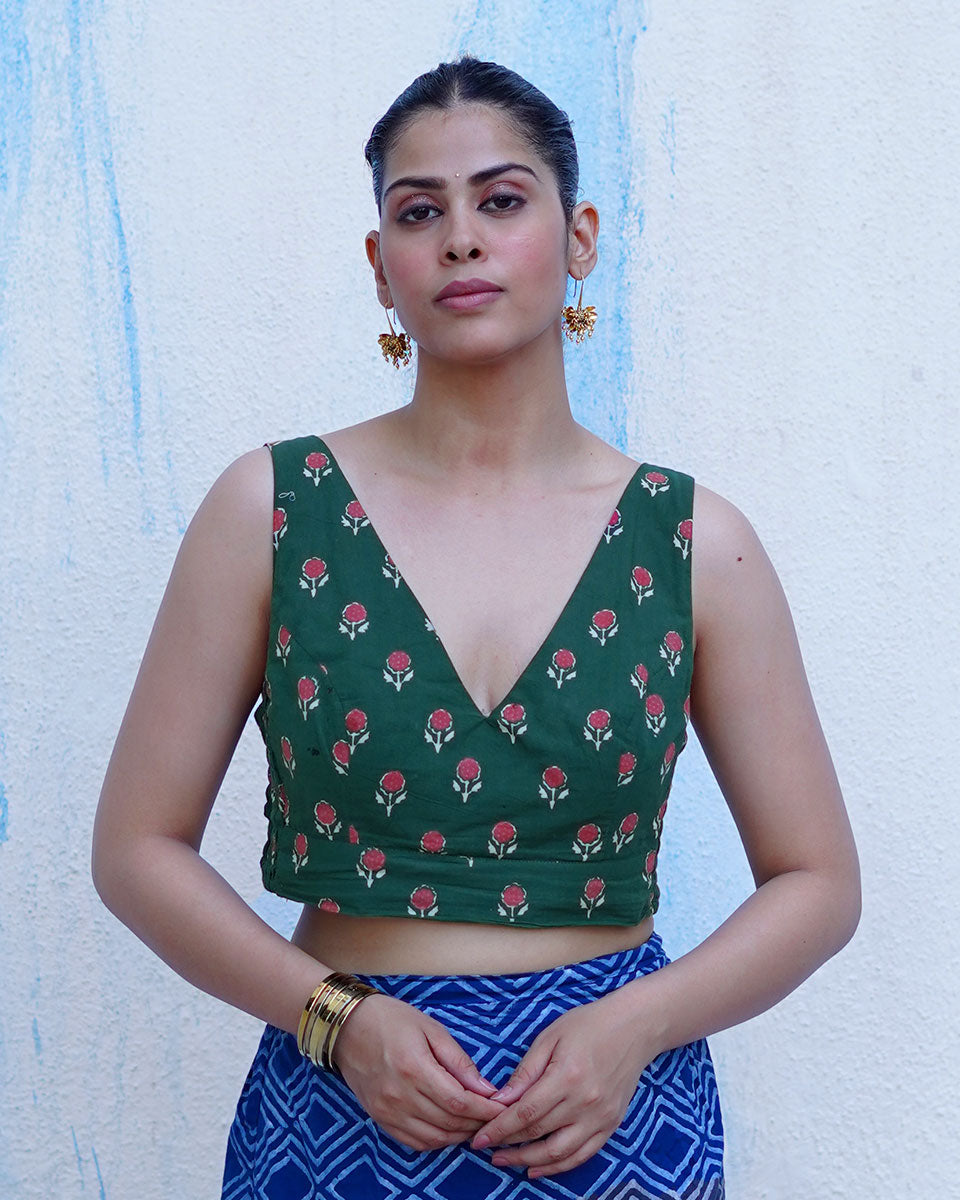 Watching kites fly Green Hand Block Printed Cotton Blouse - UMT