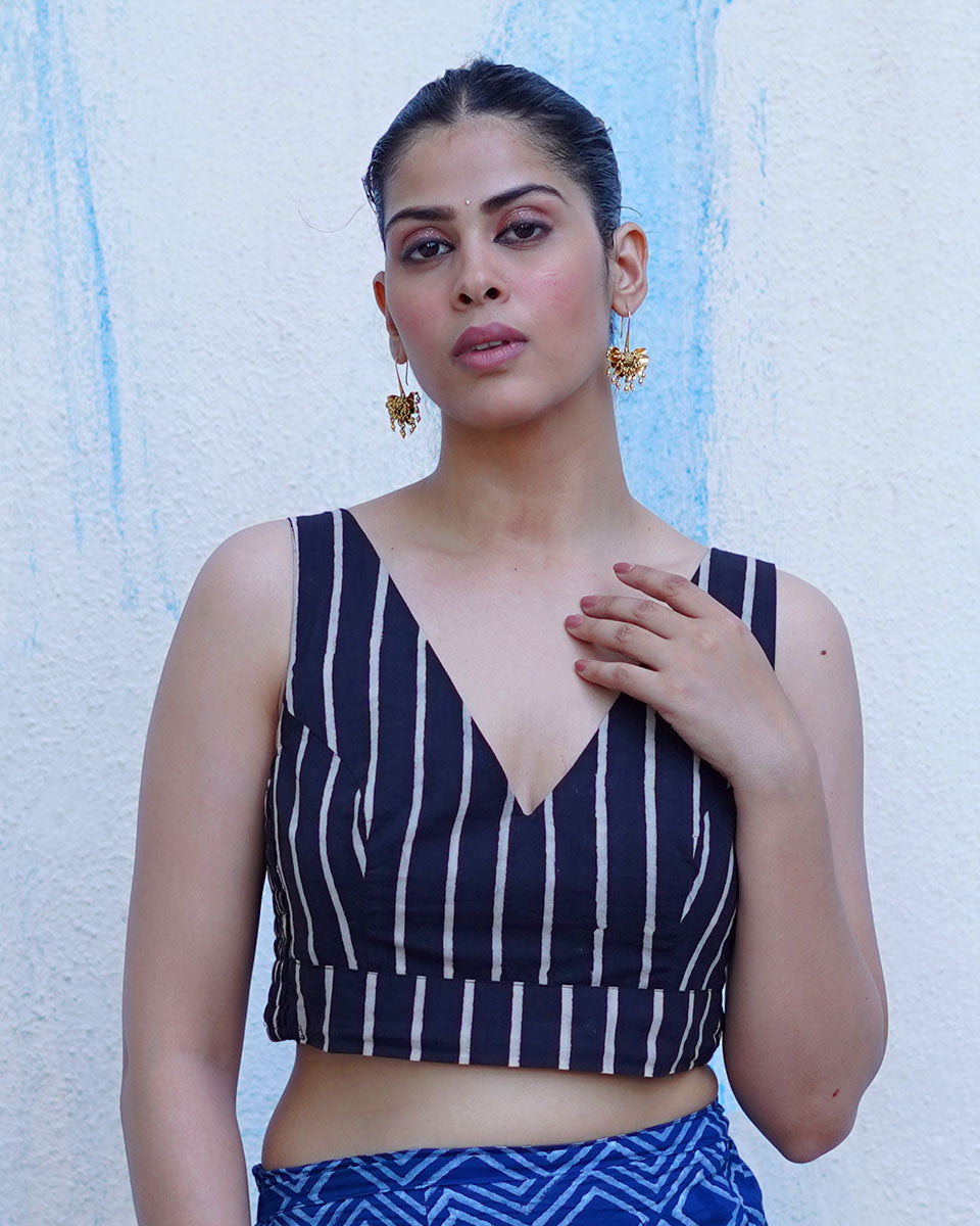 Cool Breeze Black Hand Block Printed Cotton Blouse - UMT