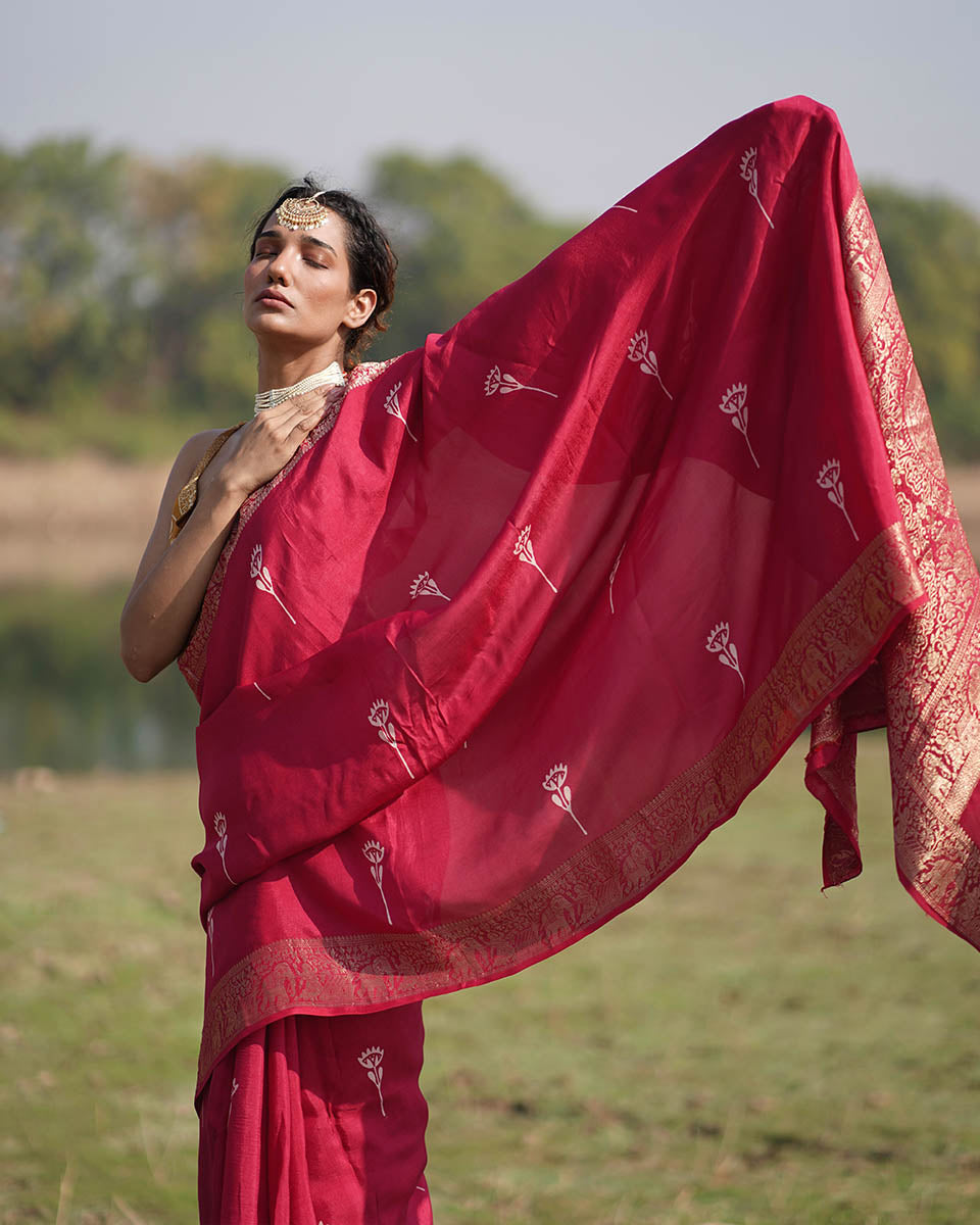 Leela Pink Block printed Dola Silk Saree - RB