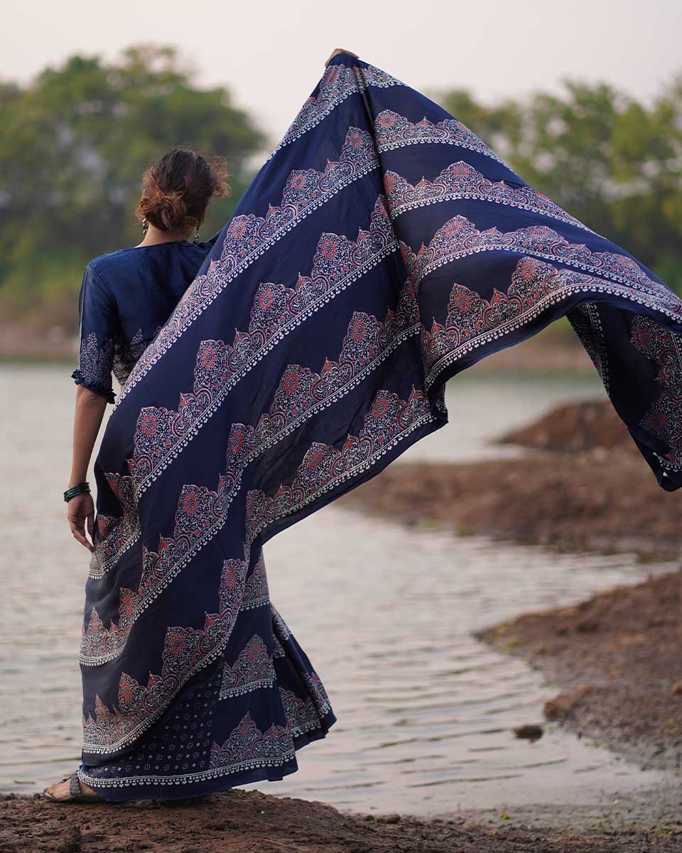 Elishat Black Block printed Modal Silk Saree - Jaisal