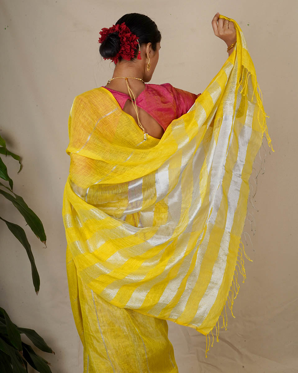 Arunima Yellow Handwoven Linen Zari Saree - Eknoor