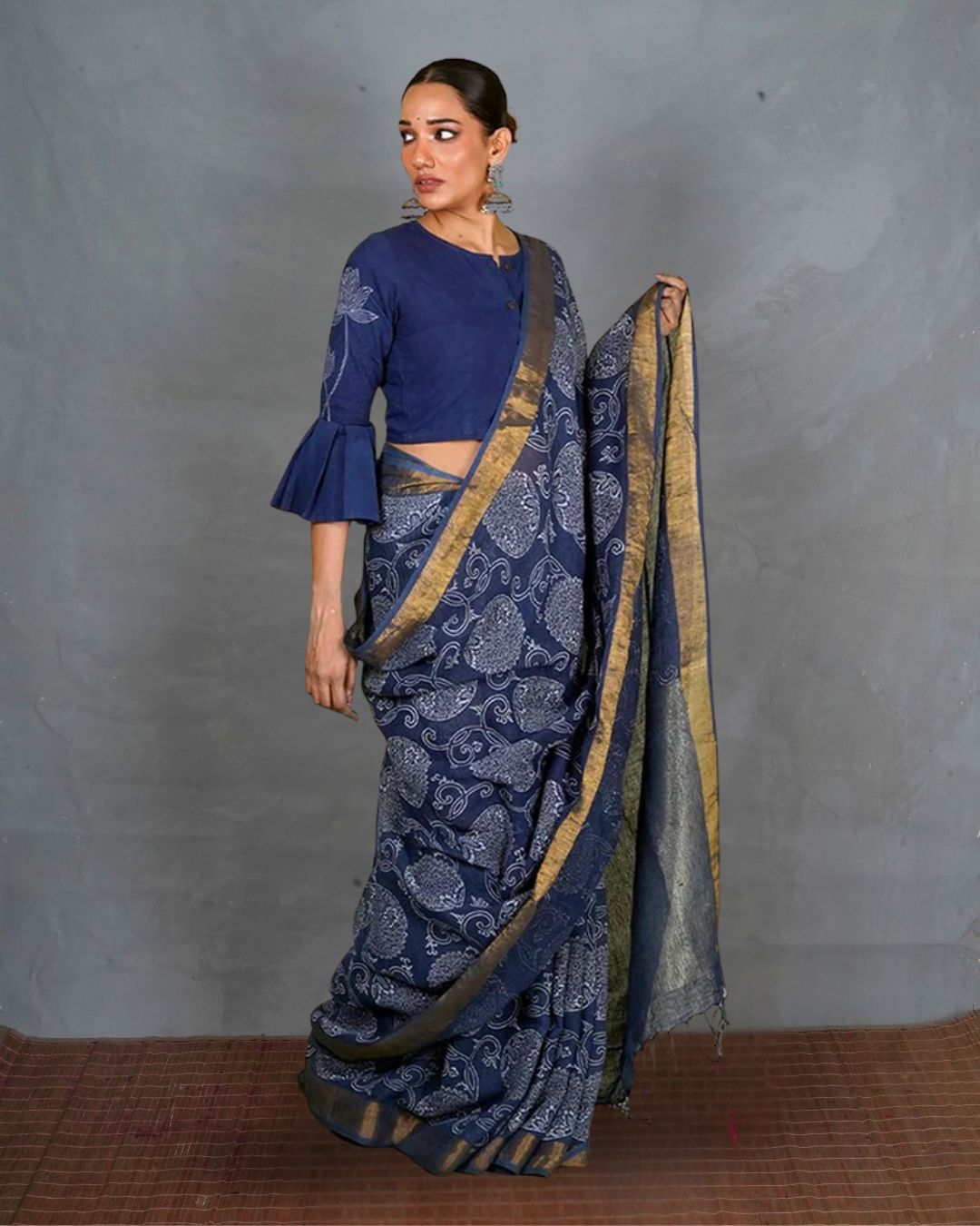 Rahi Blue Handblock Print Linen Saree - INDI