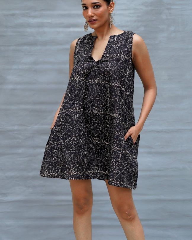 Pink Moon Black Handblock Print Cotton Dress - MNCH
