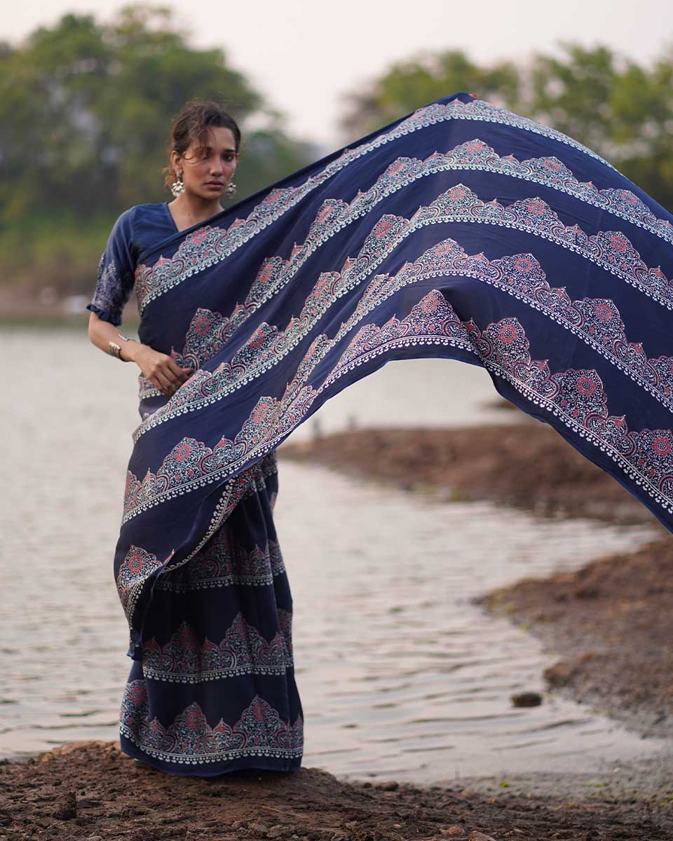 Elishat Black Block printed Modal Silk Saree - Jaisal