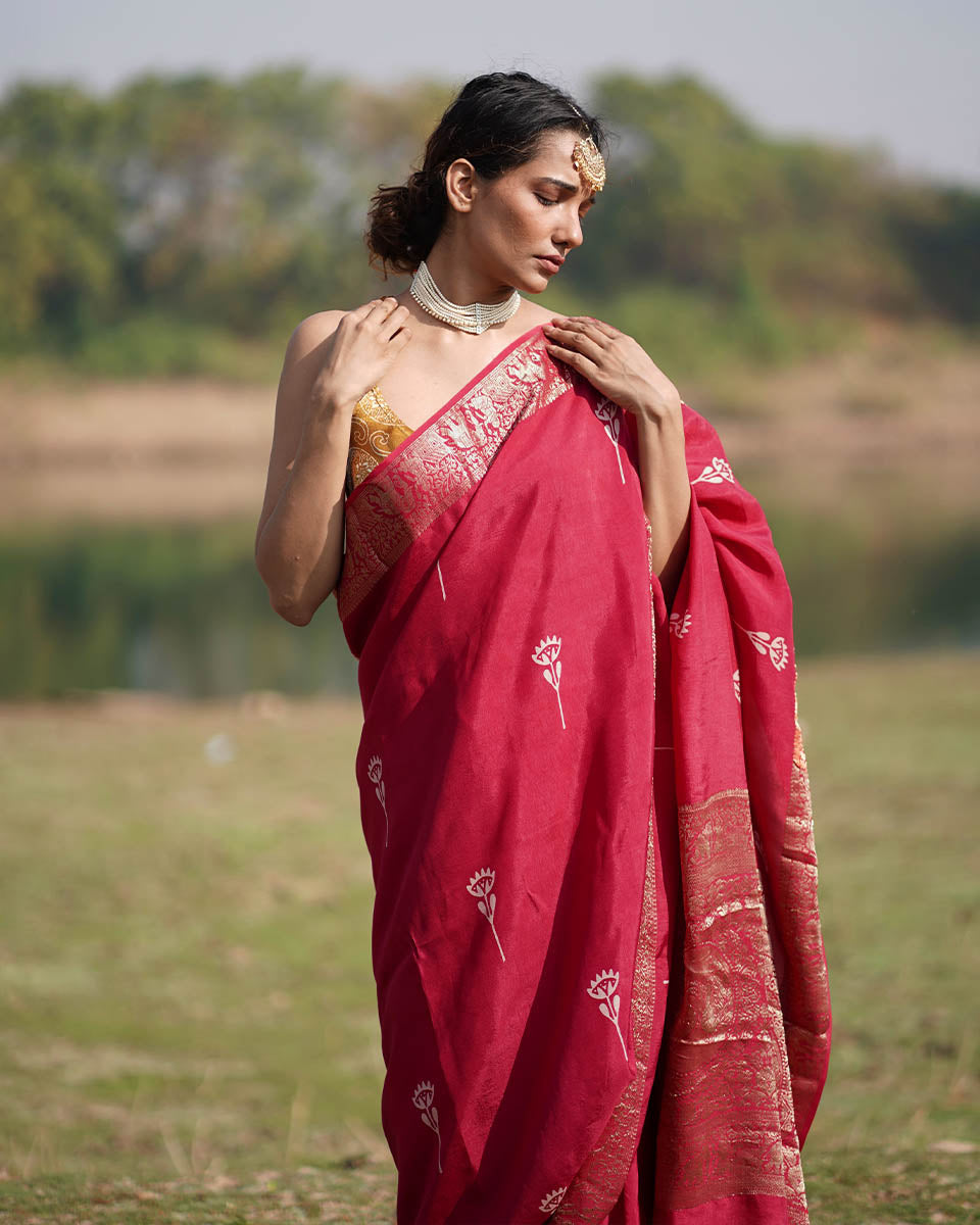 Leela Pink Block printed Dola Silk Saree - RB