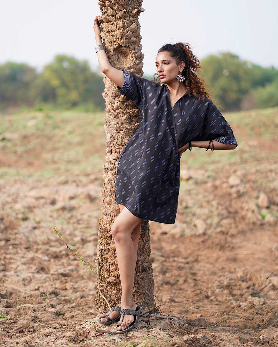 Swaying Silence Blockprinted Cotton Dress-WWB