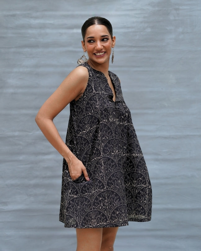 Pink Moon Black Handblock Print Cotton Dress - MNCH