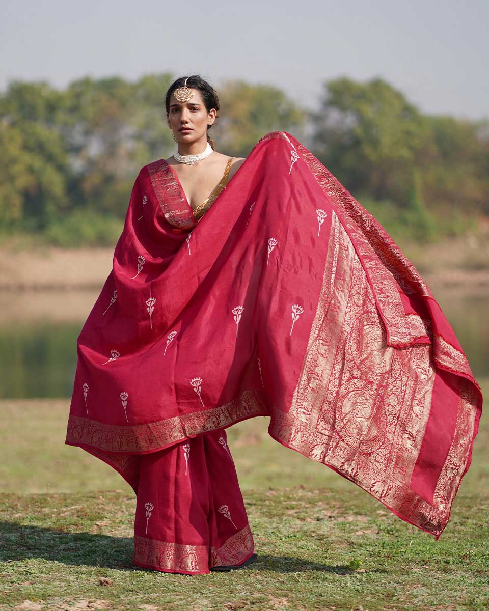 Leela Pink Block printed Dola Silk Saree - RB