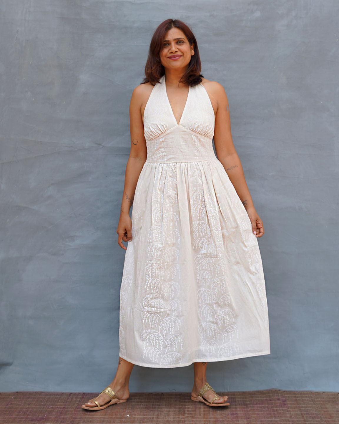 Cloudfall White Handblock Print Cotton Dress - Safed