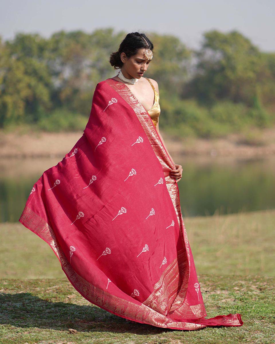 Leela Pink Block printed Dola Silk Saree - RB