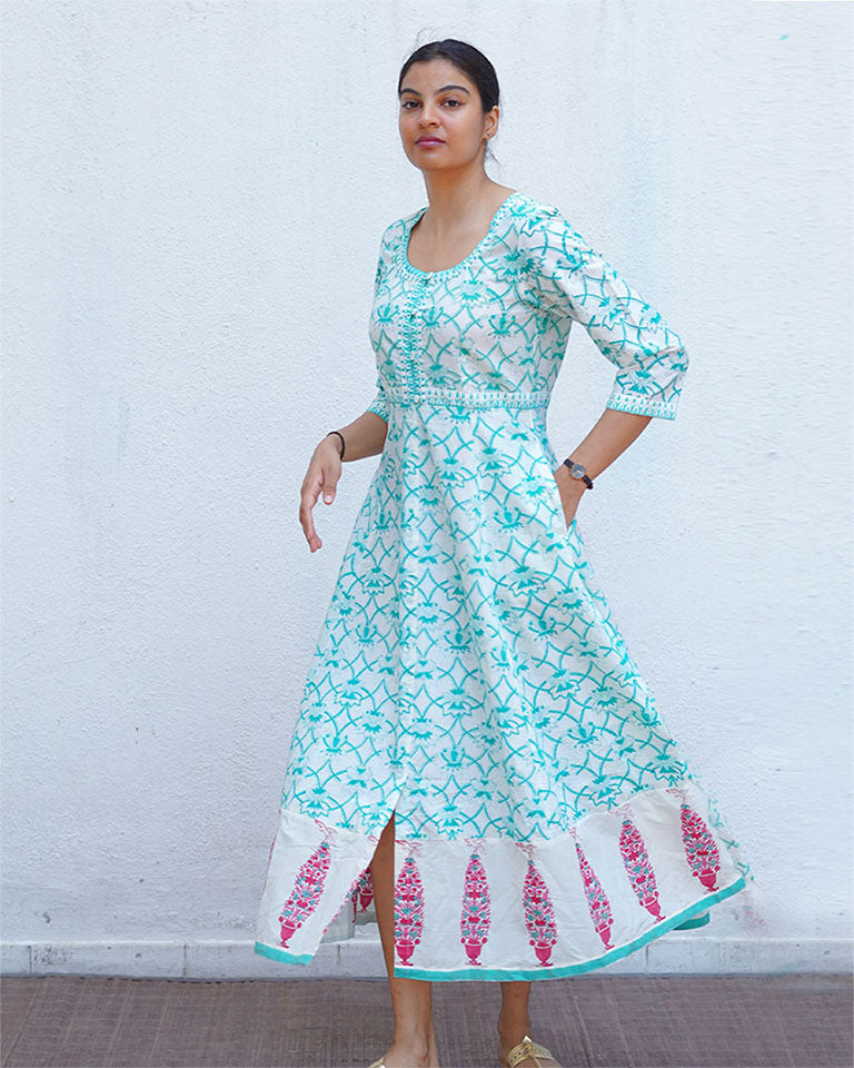 Chamomile’s Calm Teal Green Block Printed Cotton Dress - MMG