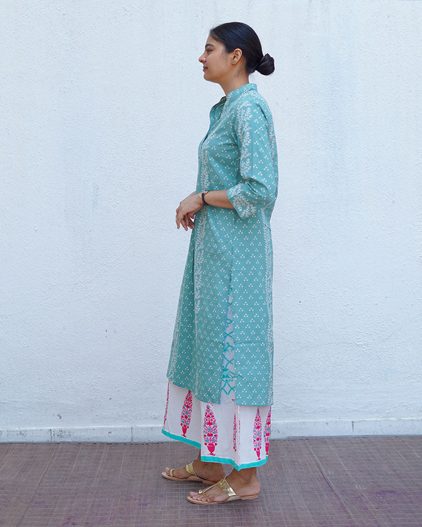 Bliss of Baby’s Breath Teal Green Block Printed Kurti - MMG