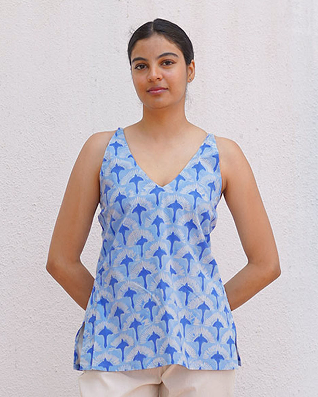 Varsha Ivory Blue Hand Block Printed Top-BAD