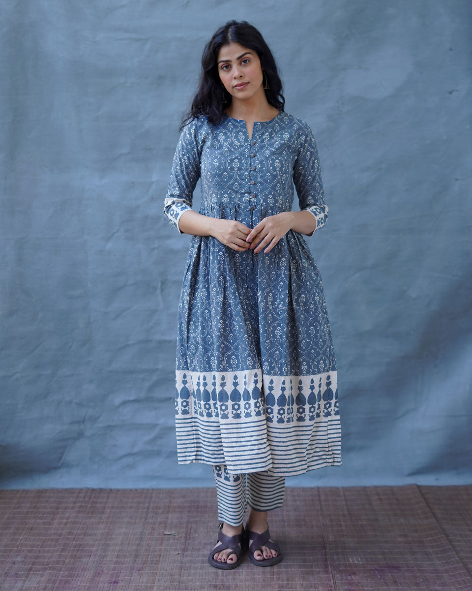 Hollow Dusk Grey Block Printed Kurta Set - BMS