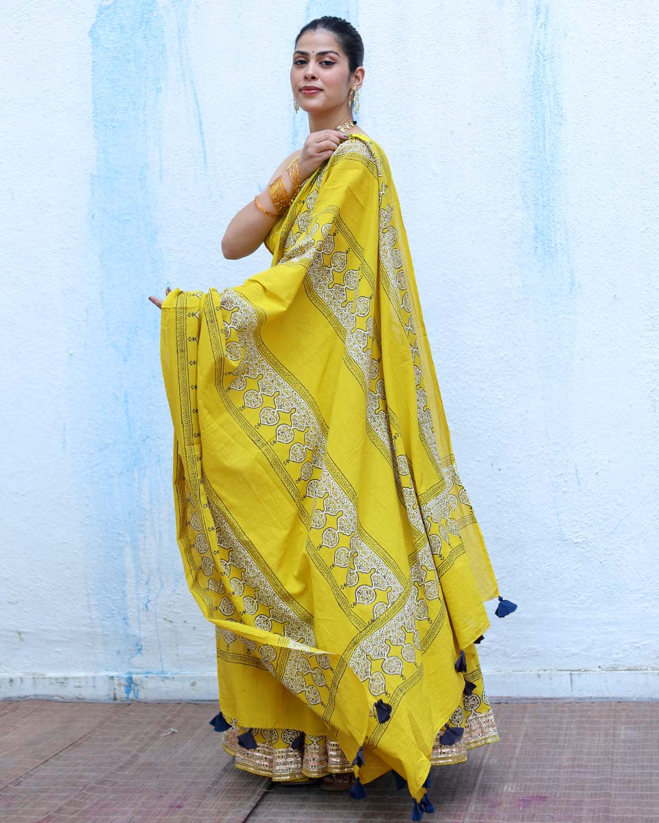 Mehruma Yellow Handblock Print Cotton Dupatta - RSH