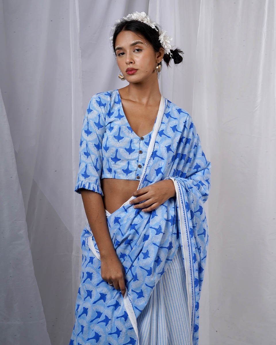 Maya Blue Hand Block Printed Saree-BAD