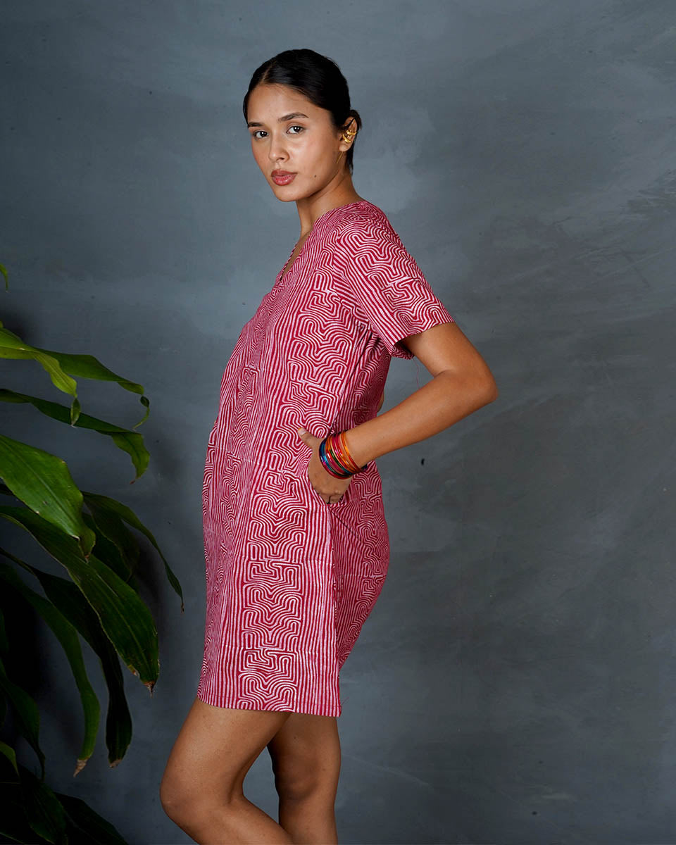 Nivara Red Hand Block Printed Dress-MYA