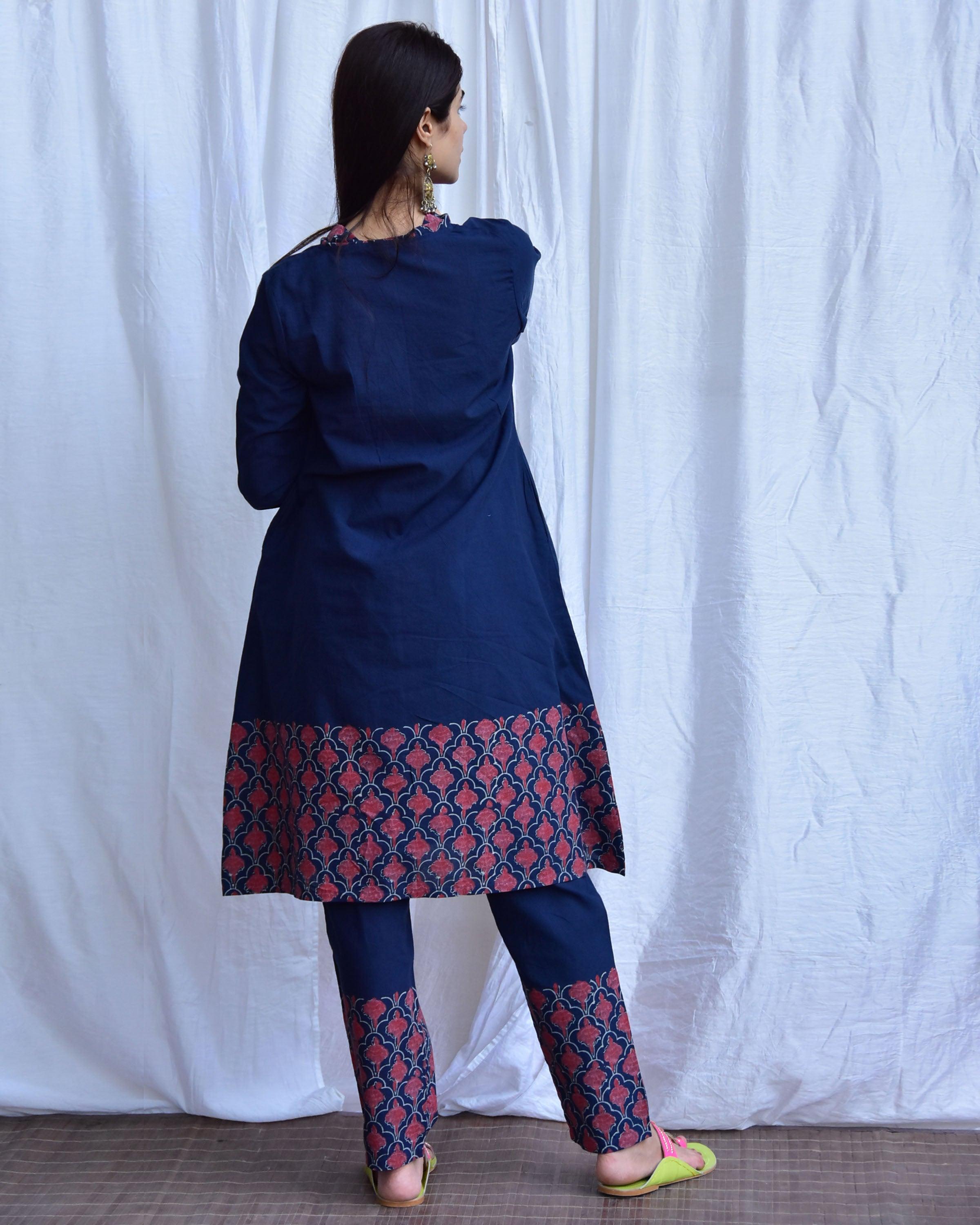 Starry Bloom Blue Hand block printed Cotton Kurta - LD