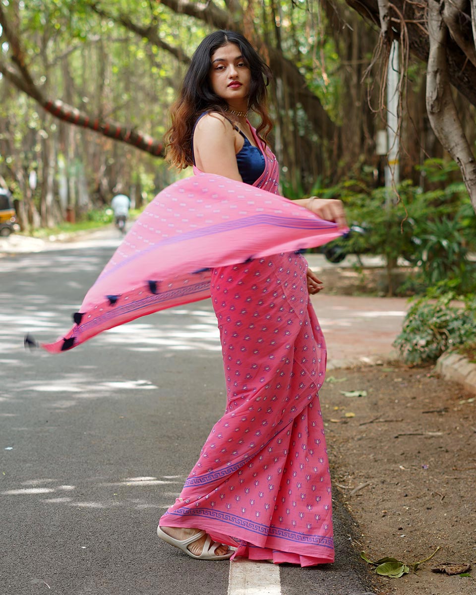 Rose Rabdi Pink Handblock Print Cotton Saree - PBC