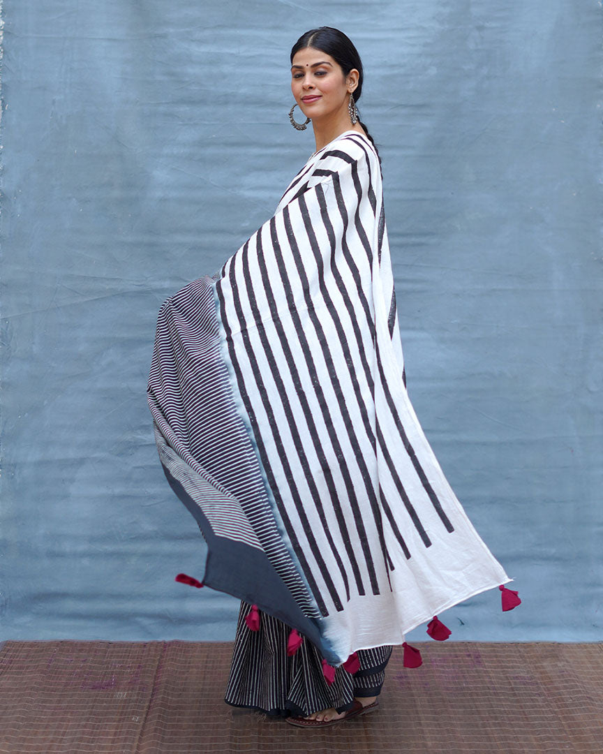 Black or White Handblock Print Cotton Saree - M&M