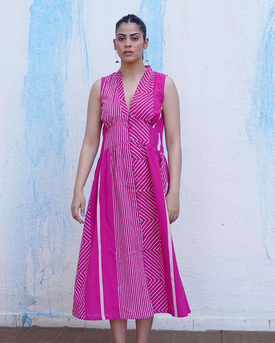 Chulbuli Pink Handblock Print Cotton Dress - BFG