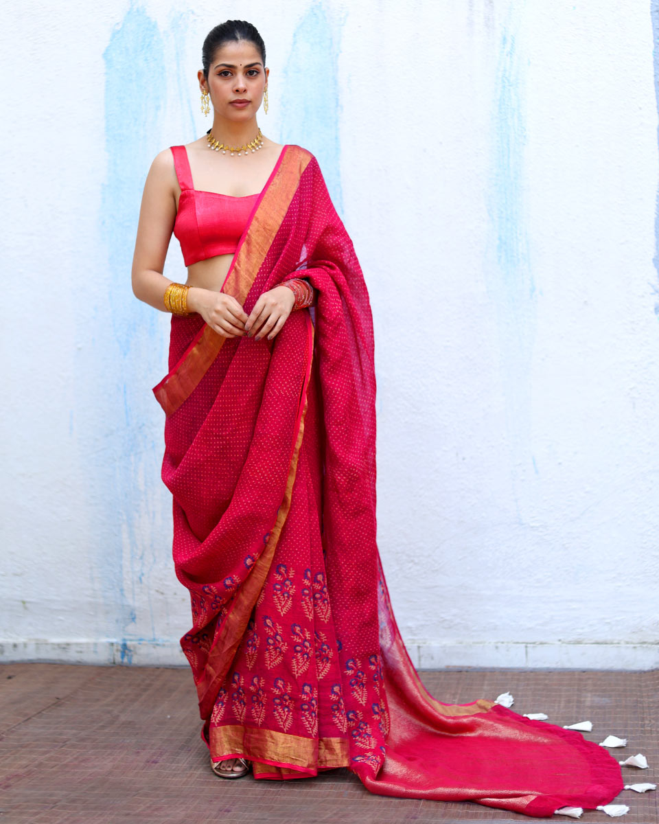 Mehr Pink Handblock Print Linen Saree - RSH