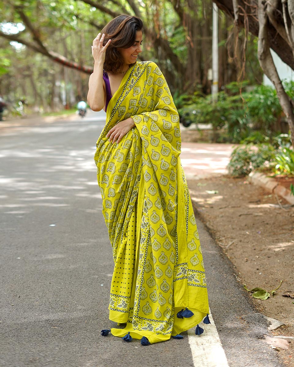 Kaccha Aam Toffee Yellow Handblock Print Cotton Saree - PBC