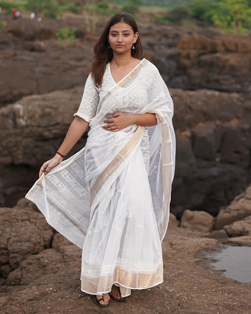 Cloudberry Kota Doria Ivory Block Printed Saree - SFD