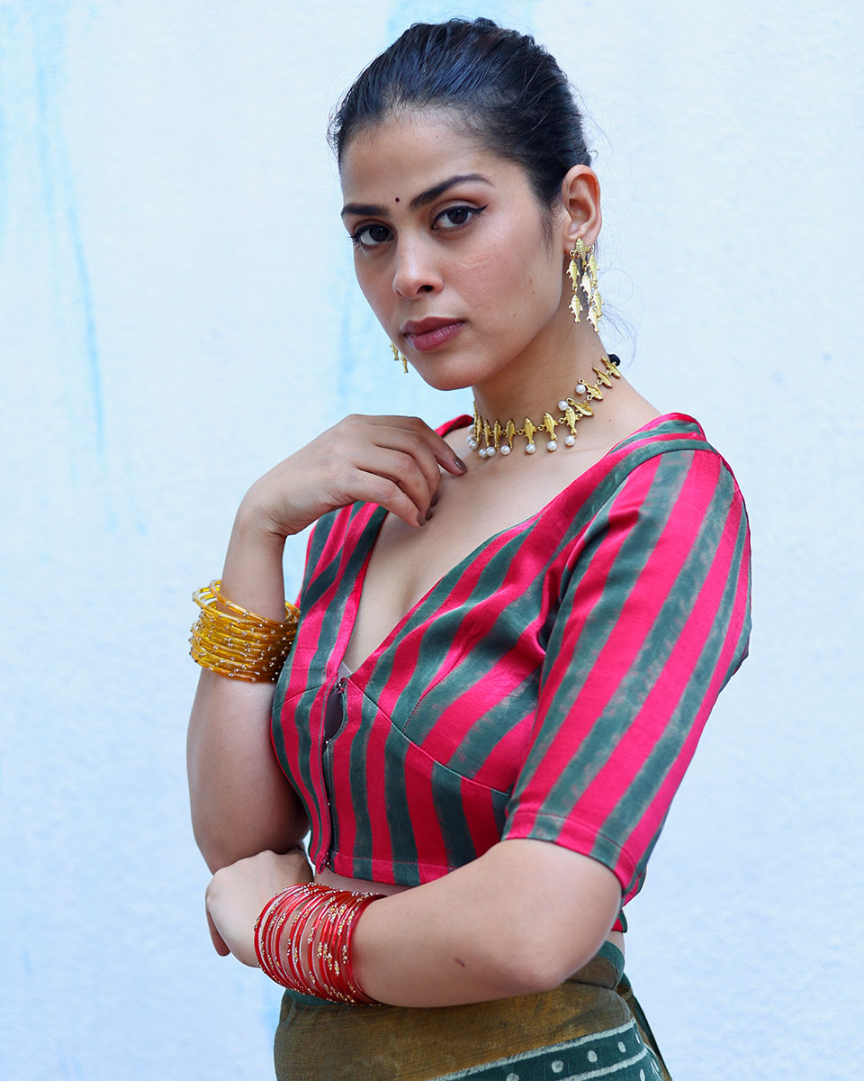 Tajalli Red With Green Handblock Print Mashru Silk Blouse - RSH