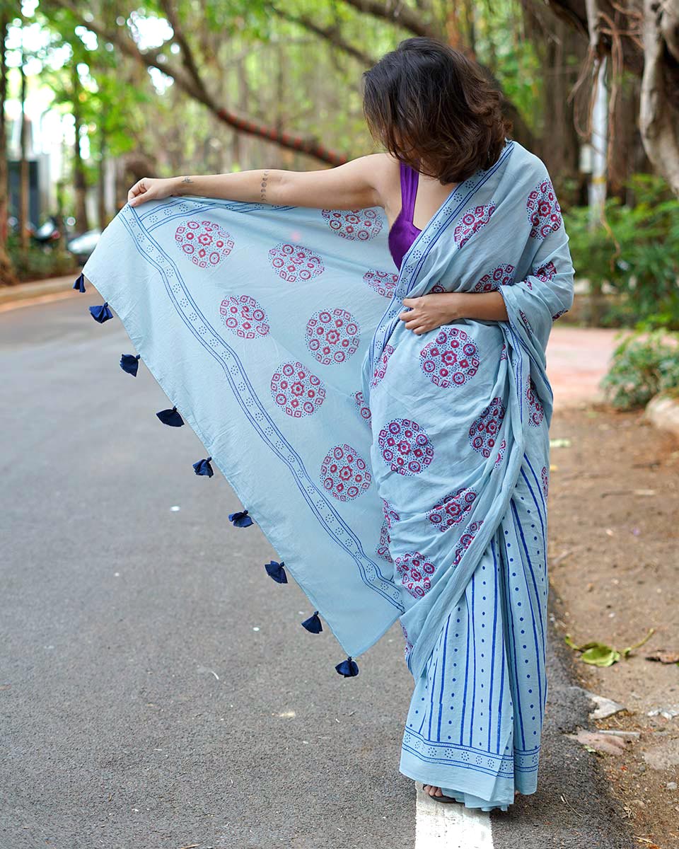 Blueberry Cream Sky Blue Handblock Print Cotton Saree - PBC