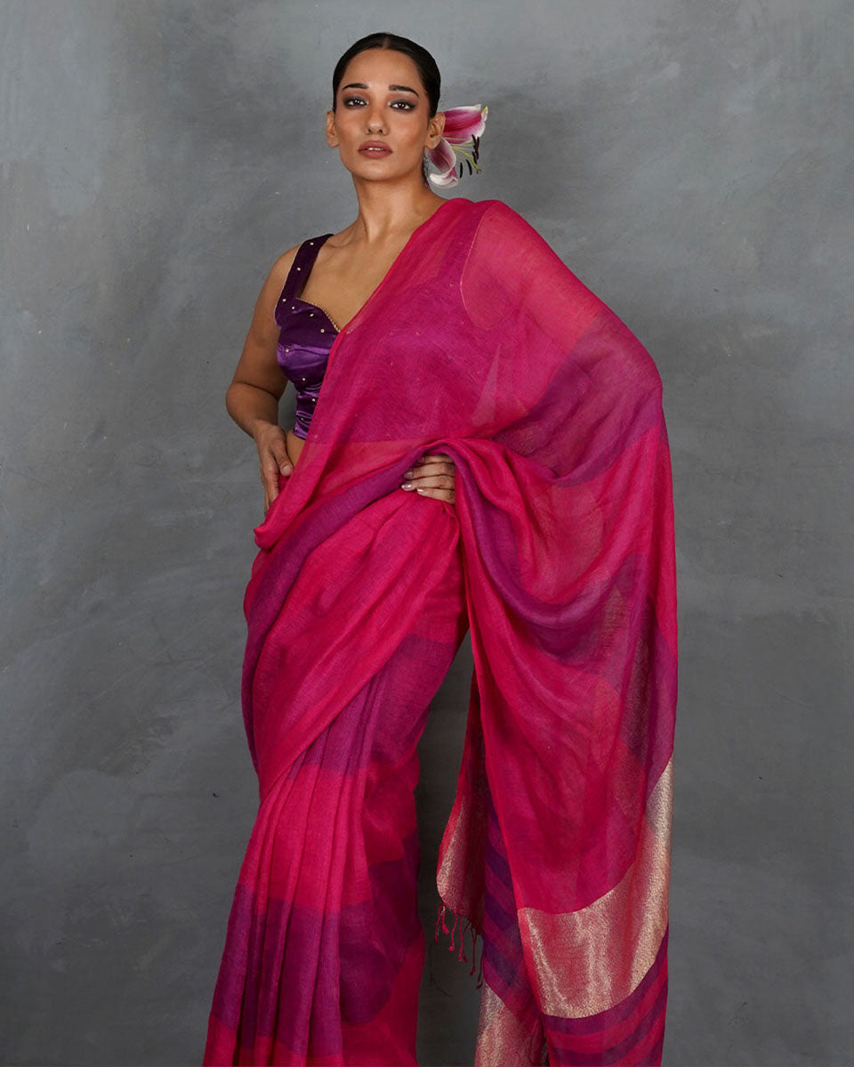 Samira Magneta Handwoven Linen Saree - TARA