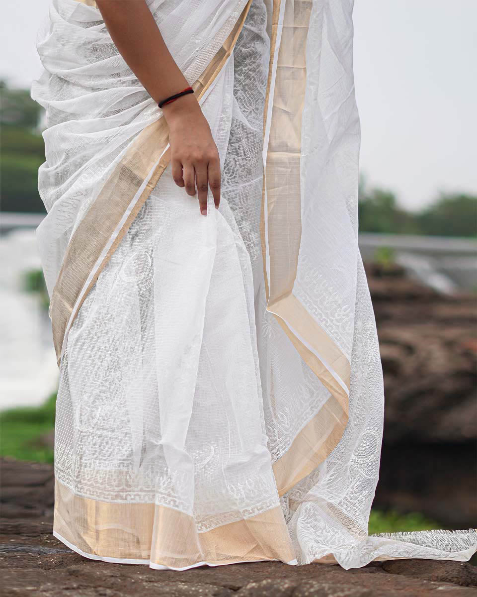 Milk Glass Kota Doria Ivory Block Printed Saree - SFD