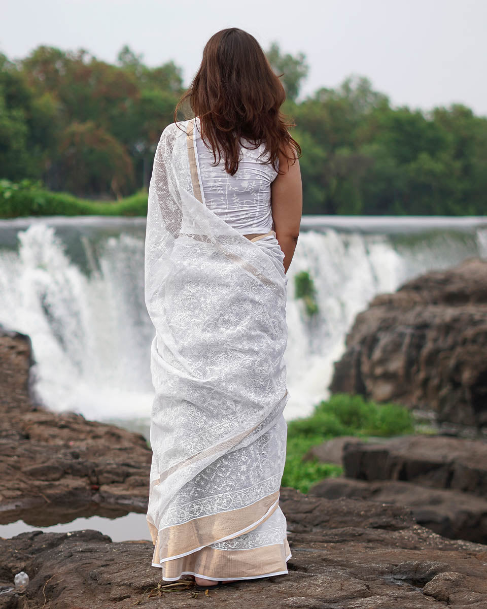 Dewbone Kota Doria Ivory Block Printed Saree - SFD