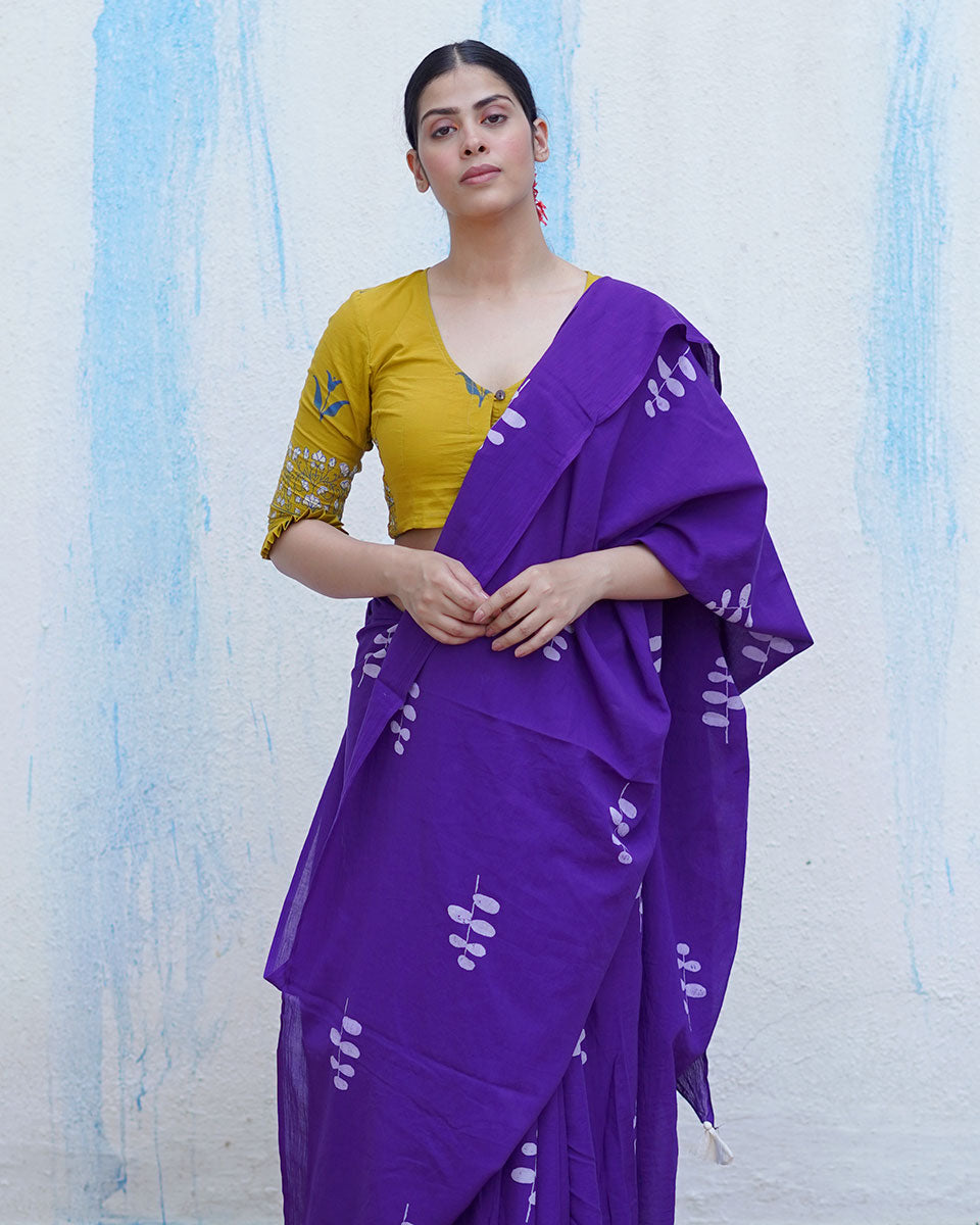 Kuhu Purple Handblock Print Cotton Saree - BFG