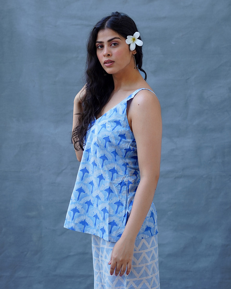 Varsha Ivory Blue Hand Block Printed Top-BAD